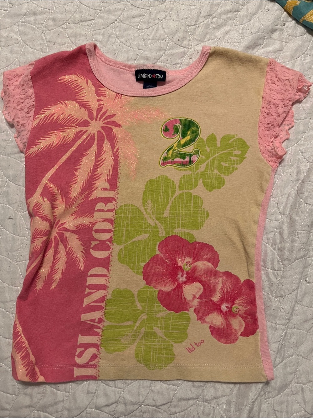 Y2K Limited Too Island Corp Hibiscus Palm Tee Lace Sleeves Girls XXS